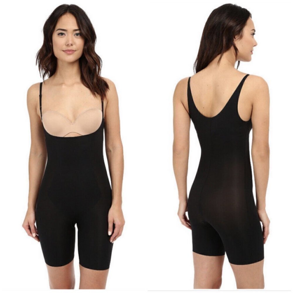 💕SPANX💕 Thinstincts Open-Bust Mid-Thigh Bodysuit 10021R ~ Very Black XS NWT